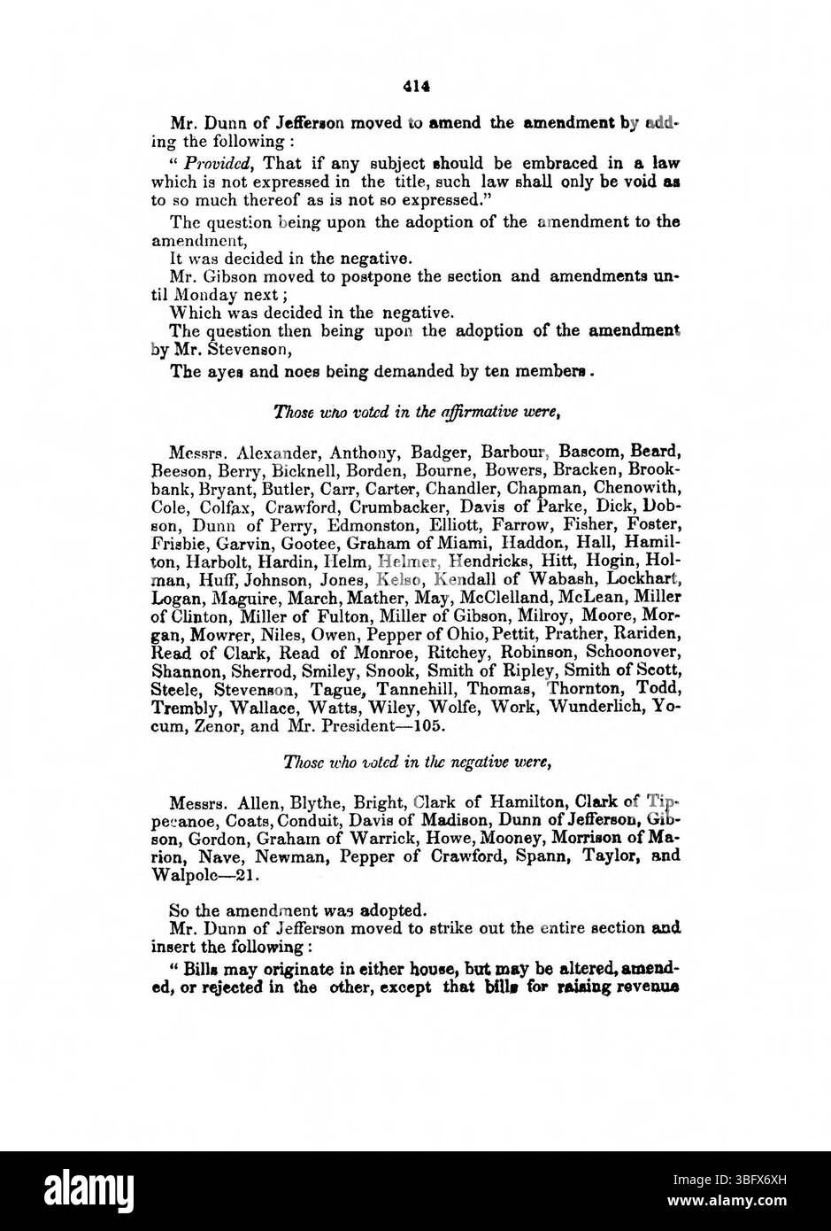 Seite 415 des Journal 1850 führt die Aktivitäten des Verfassungskonvents von Indiana fort. Er enthält detaillierte Berichte über die laufenden Debatten und Beschlüsse im Zusammenhang mit der Änderung der Verfassung des Staates und hebt das Gesetzgebungsverfahren und das politische Klima der damaligen Zeit hervor. Stockfoto