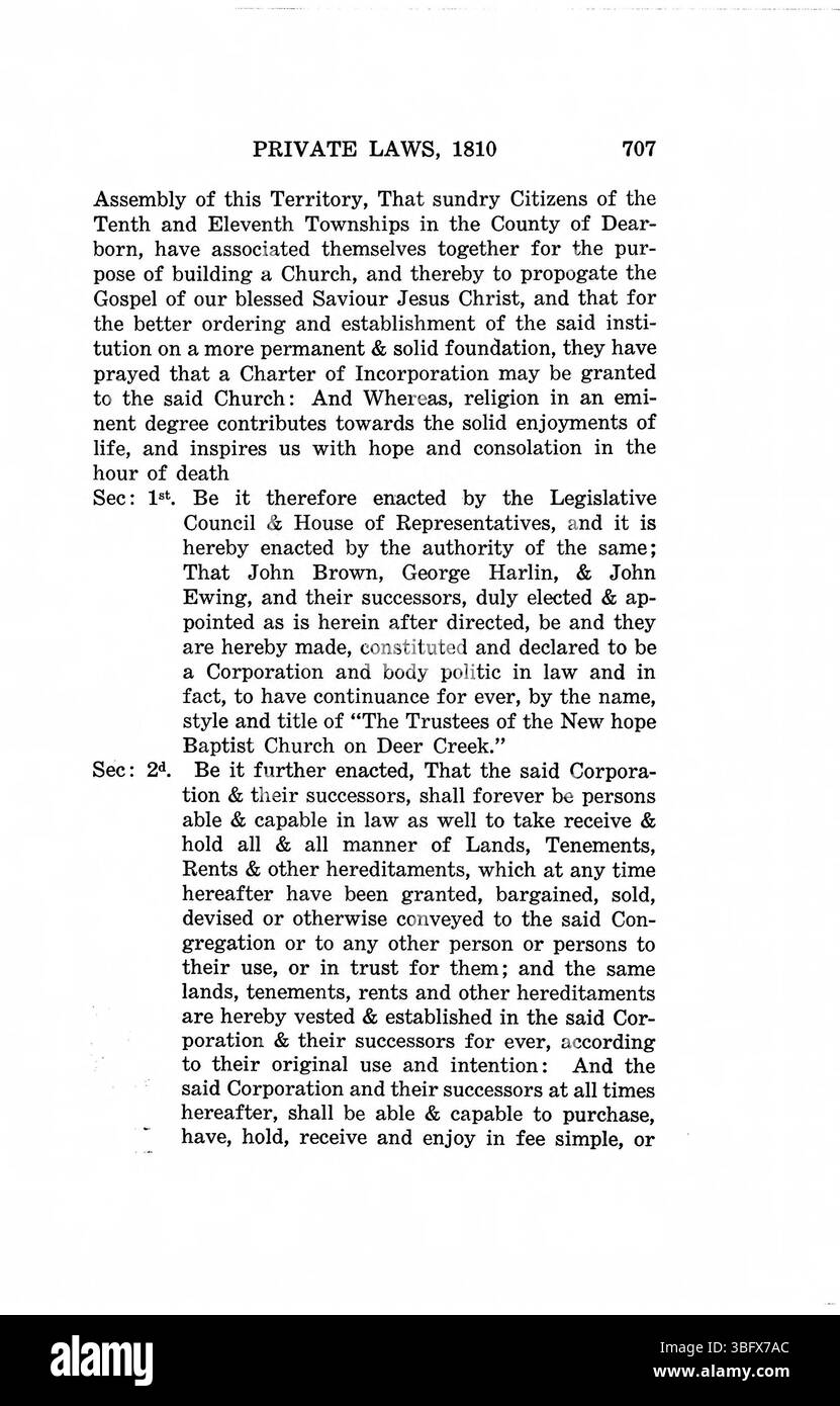 Diese Seite der *Gesetze des Indiana Territoriums* (1809-1816) behandelt Bestimmungen für die öffentliche Gesundheit, einschließlich Vorschriften für sanitäre Einrichtungen, Seuchenbekämpfung und medizinische Versorgung in dem Territorium während seiner frühen Jahre. Stockfoto