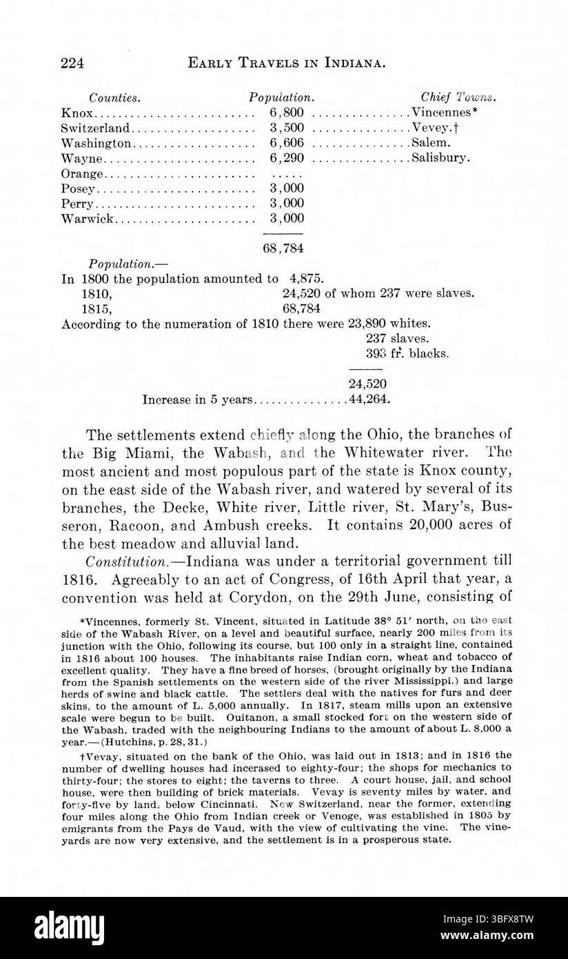 „Indiana as Seen by Early Travelers“ (1916) enthält Berichte verschiedener Entdecker, wie Birkbeck und Bradbury, deren Schriften über die natürlichen Gegebenheiten Indianas, den Boden, das Klima und die frühen Siedlungen berichten. Diese Berichte geben eine grundlegende Perspektive auf die Entwicklung der Region im frühen 19. Jahrhundert. Stockfoto