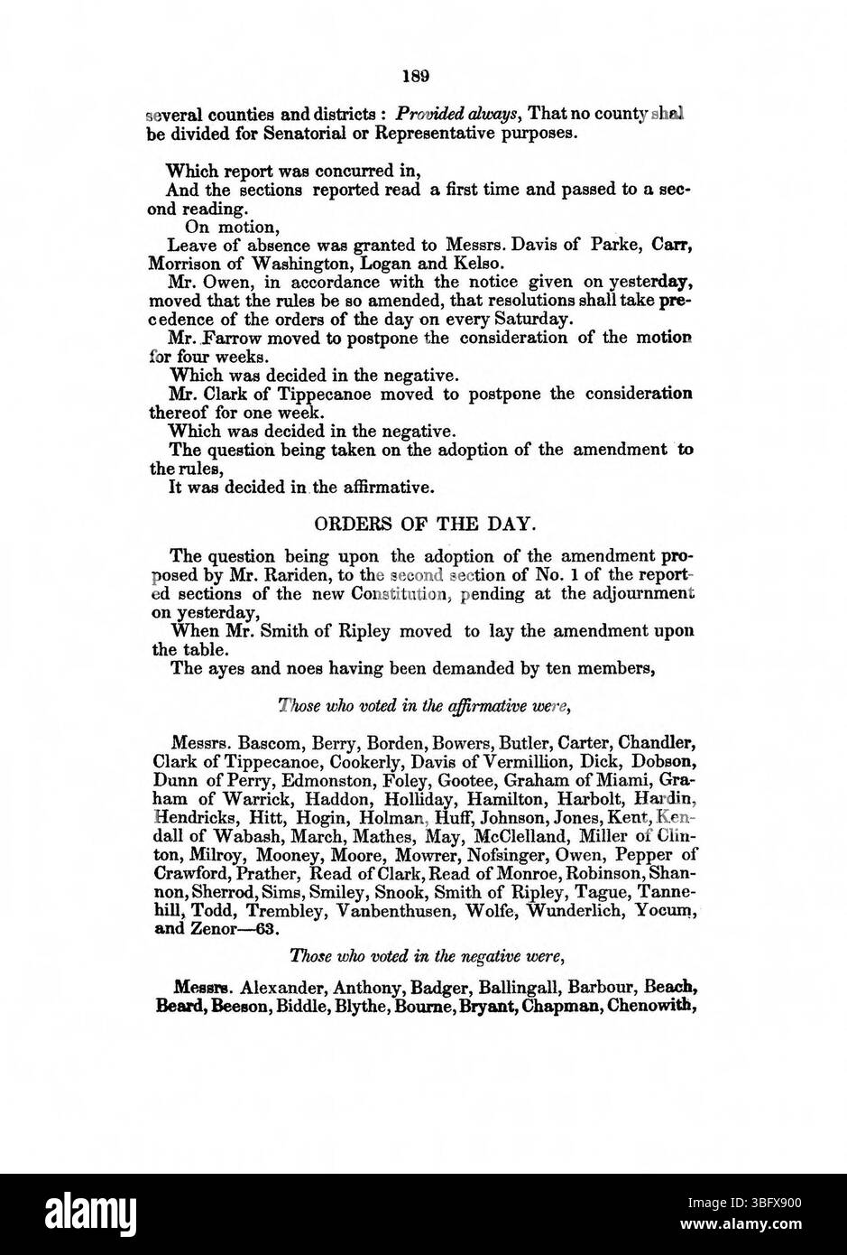Auf Seite 190 des Journal of the Convention of the People of the State of Indiana (1850) werden weitere Debatten über die vorgeschlagenen Änderungen dokumentiert, die die ideologischen Unterschiede und Schlüsselentscheidungen widerspiegeln, die die konstitutionelle Zukunft des Staates prägen. Stockfoto