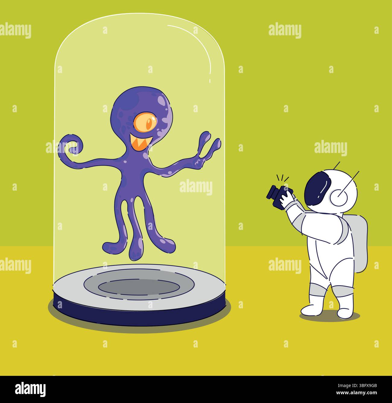 Eine fesselnde und futuristische Begegnung mit einem Astronauten und einem skurrilen lila Oktopus Stock Vektor