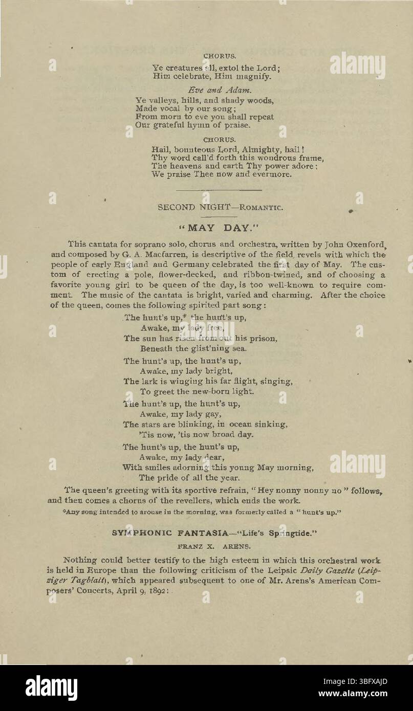 Am 13. Mai 1895 in Indianapolis fand das 7. Jährliche Mai-Musikfestival statt, bei dem Auftritte des Maennerchors und der deutsch-amerikanischen Gemeinschaft stattfanden und deren Beiträge zum kulturellen Leben der Stadt präsentierten. Stockfoto