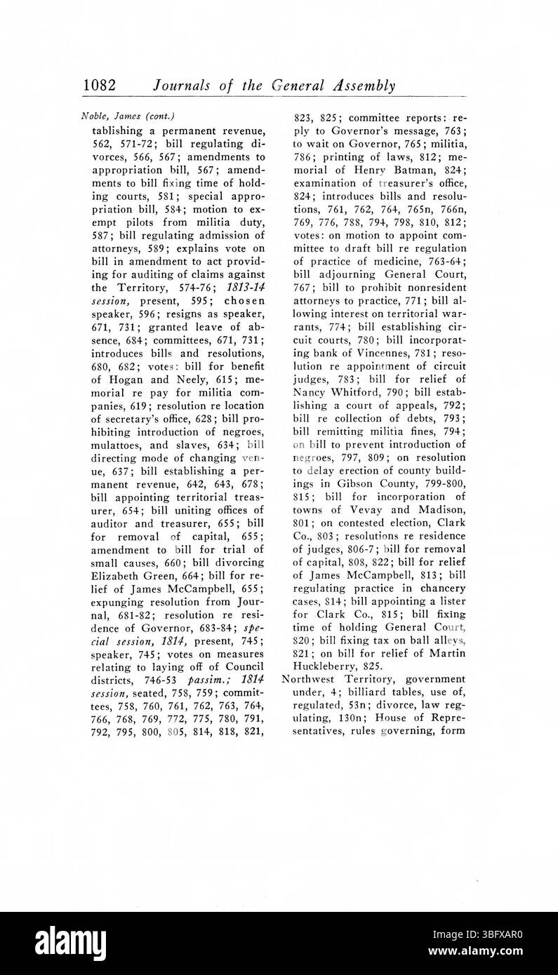 Seite 1092 enthält Montageunterlagen zu Governance-Richtlinien, Bevölkerungsvorschriften und lokaler Infrastrukturplanung im Indiana-Territorium. Stockfoto