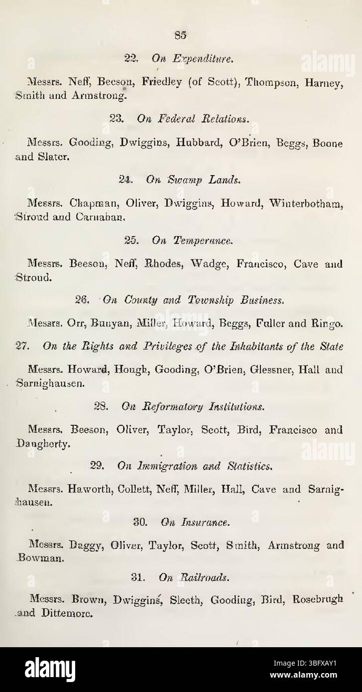 Seite 89 des 48. Indiana Senate Journal dokumentiert weitere gesetzgeberische Aktivitäten, Gesetzesvorschläge, Debatten und Abstimmungen einzelner Senatoren während der Sitzung ab dem 9. Januar 1873. Stockfoto