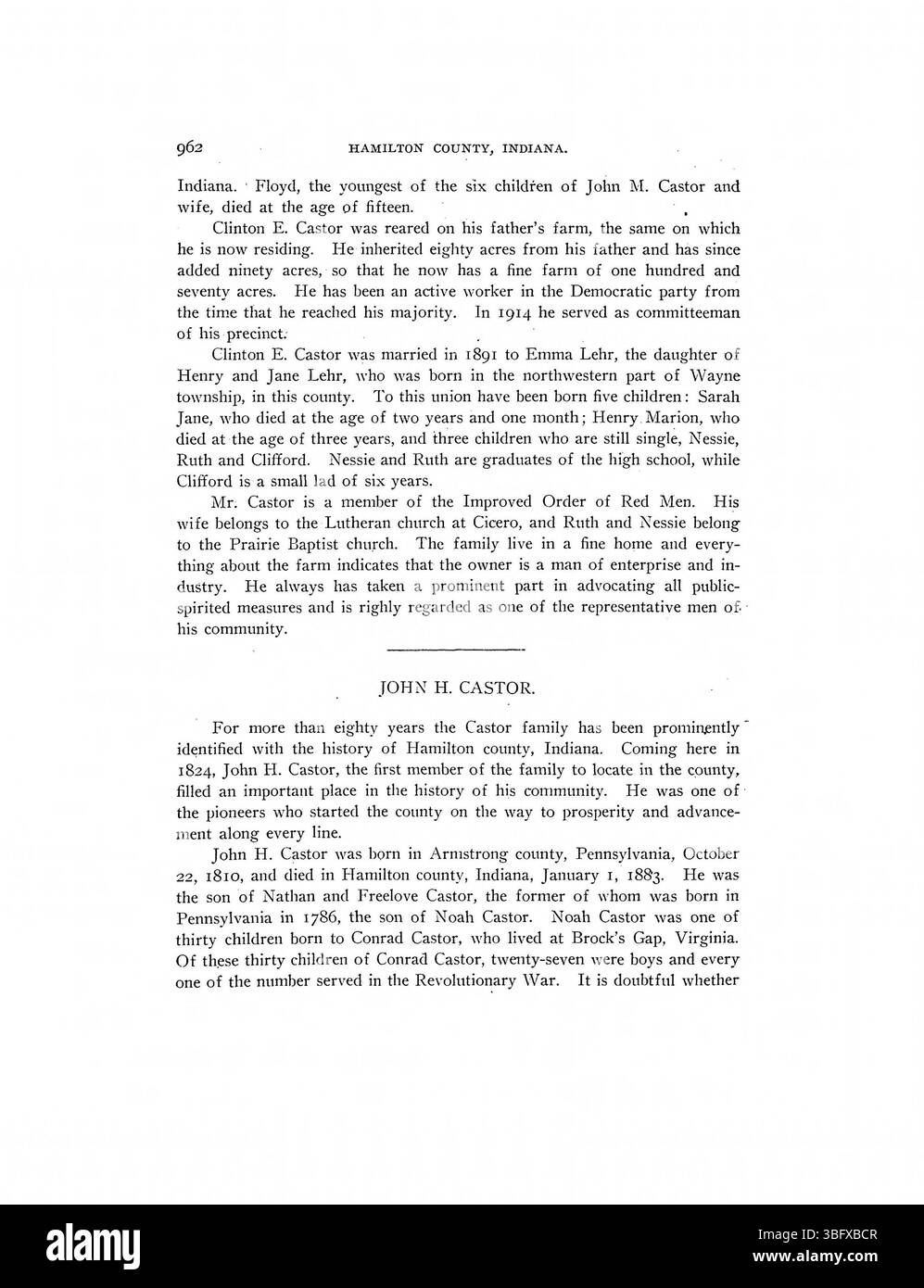 Seite 996 aus der illustrierten Geschichte von 1915 enthält historische Notizen über Hamilton County und biographische Zusammenfassungen früherer Bewohner. Stockfoto