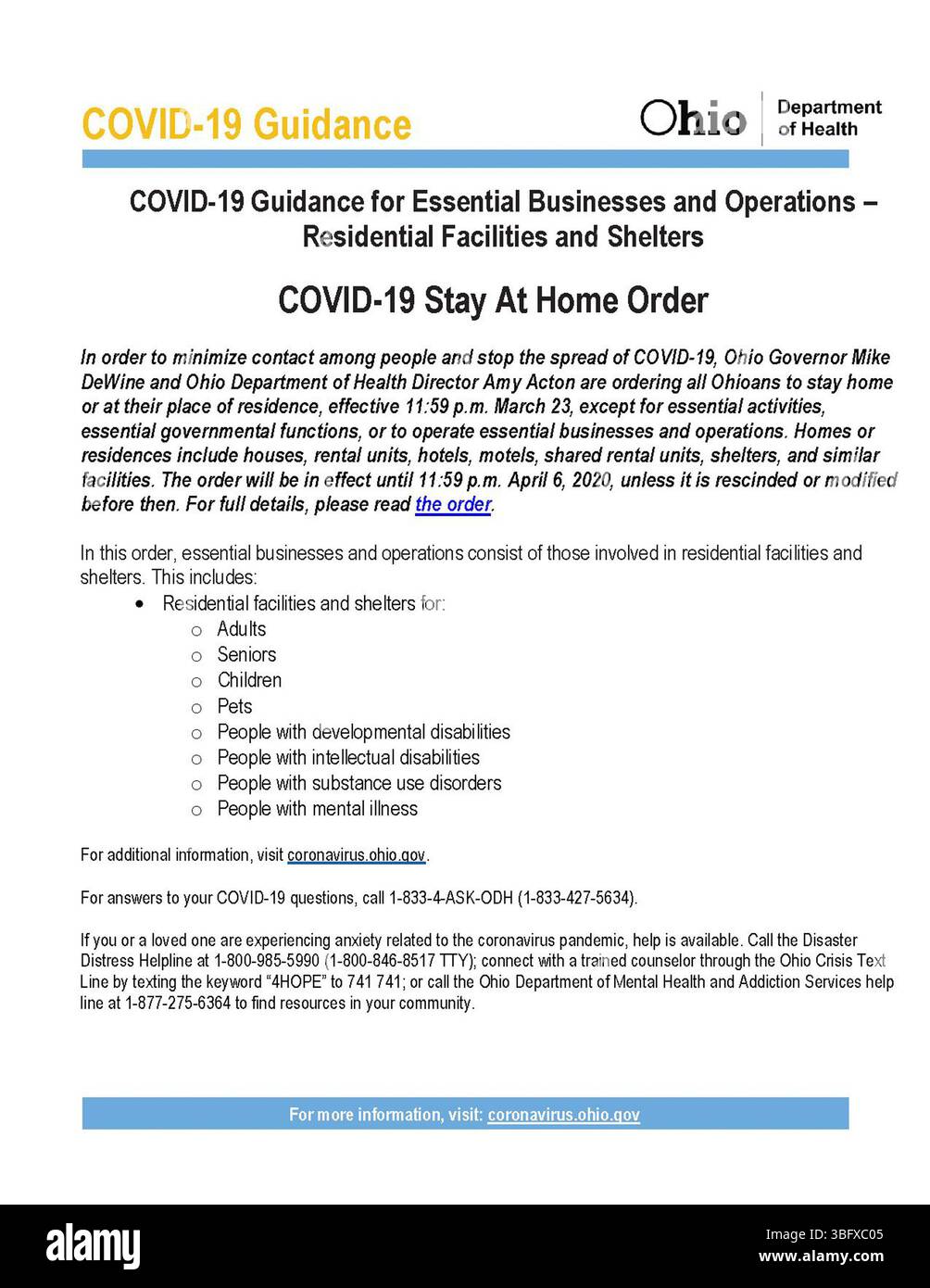 COVID-19-Sicherheitsleitlinien, die 2020 für wichtige Operationen in Wohnanlagen und Unterkünften im Rahmen des „Stay-at-Home“-Auftrags von Ohio herausgegeben wurden. Stockfoto