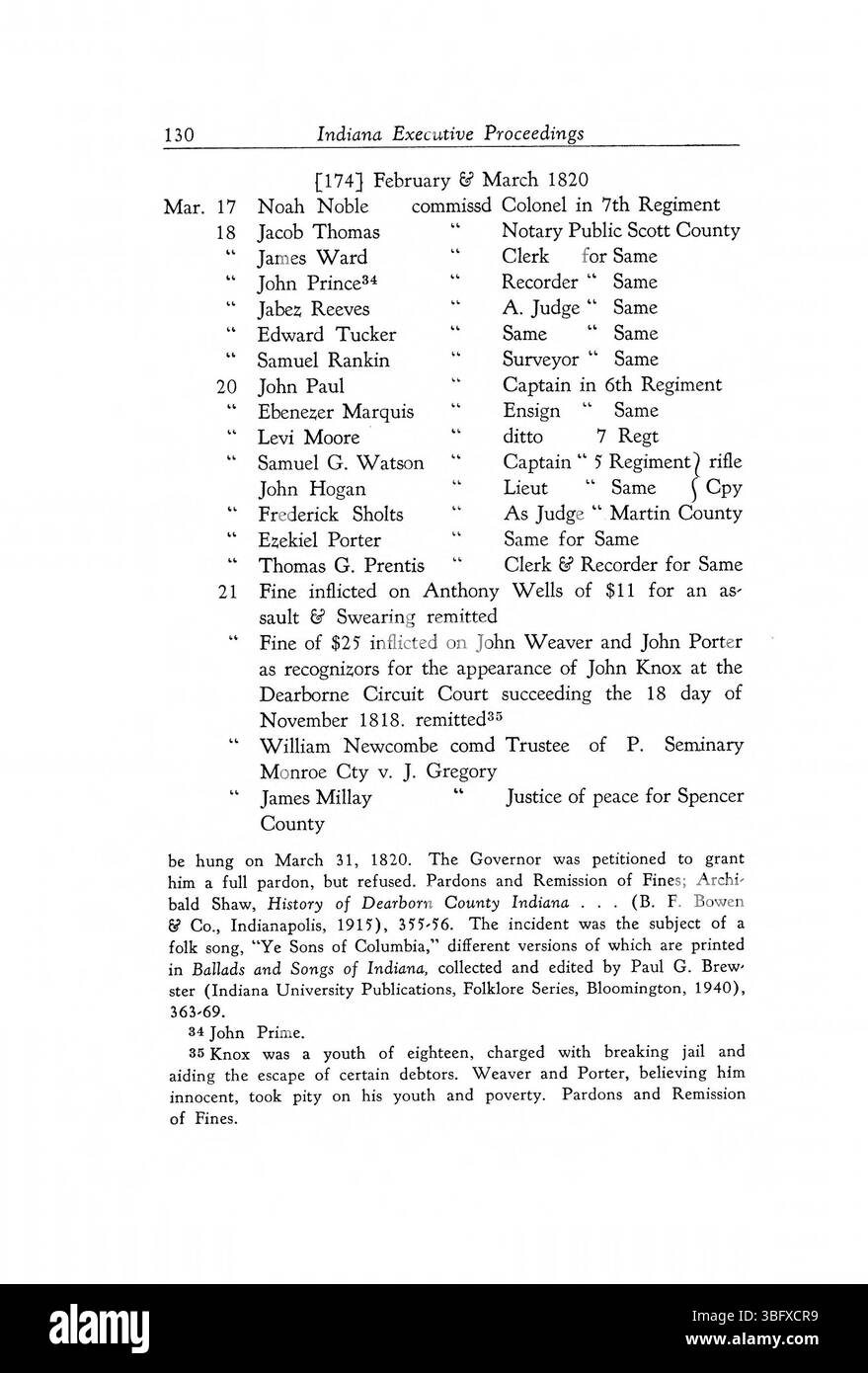 Auf Seite 142 des Exekutivverfahrens werden Regierungsfunktionen, gesetzgeberische Maßnahmen und politische Ernennungen aus der frühen Indiana-Staatlichkeit beschrieben. Stockfoto