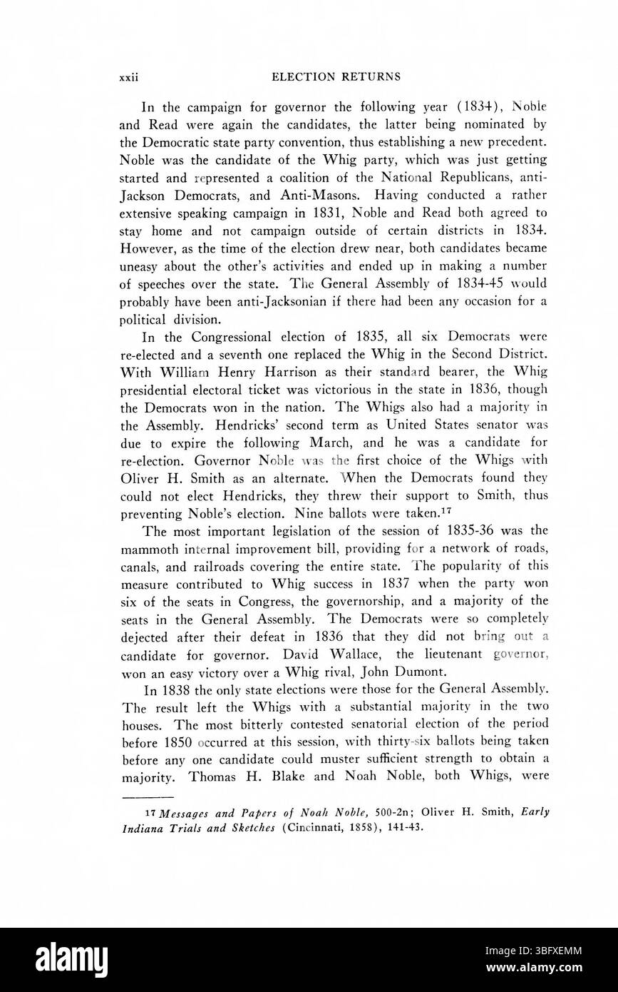 Seite 22 der Wahlerklärungen 1816-1851 in Indiana enthält detaillierte Wahldaten, die Trends bei der Wahlbeteiligung, bei den Wahlen in den Bundesstaaten und bei der politischen Repräsentation in diesem Zeitraum veranschaulichen. Stockfoto