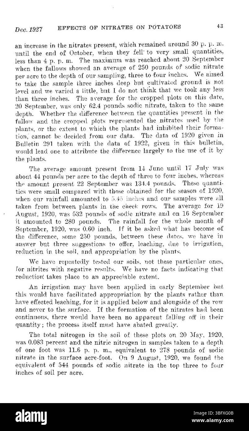 Dieser Teil der Studie von 1927 konzentriert sich auf die Auswirkungen von Nitraten auf den Stärkegehalt von Kartoffeln und bietet einen wissenschaftlichen Blick darauf, wie Stickstoff das Wachstum und die Zusammensetzung von Kartoffeln beeinflusst. Stockfoto