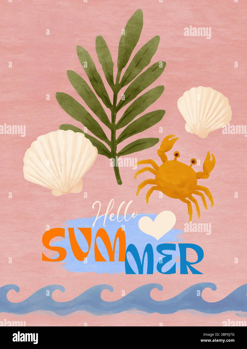 Illustration mit SEA LIFE-Elementen, „Hello Summer“-Text, Wellendesign, vor einem strukturierten rosafarbenen Hintergrund für ein sommerliches Thema. Stockfoto