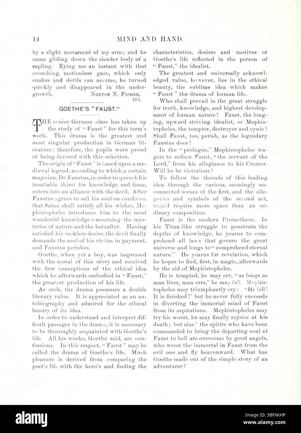 Diese Seite aus der Mai-1898 Ausgabe von „Mind and Hand“ (Band 4, Nummer 1) untersucht den Zusammenhang zwischen intellektueller Entwicklung und psychologischer Forschung im späten 19. Jahrhundert. Stockfoto