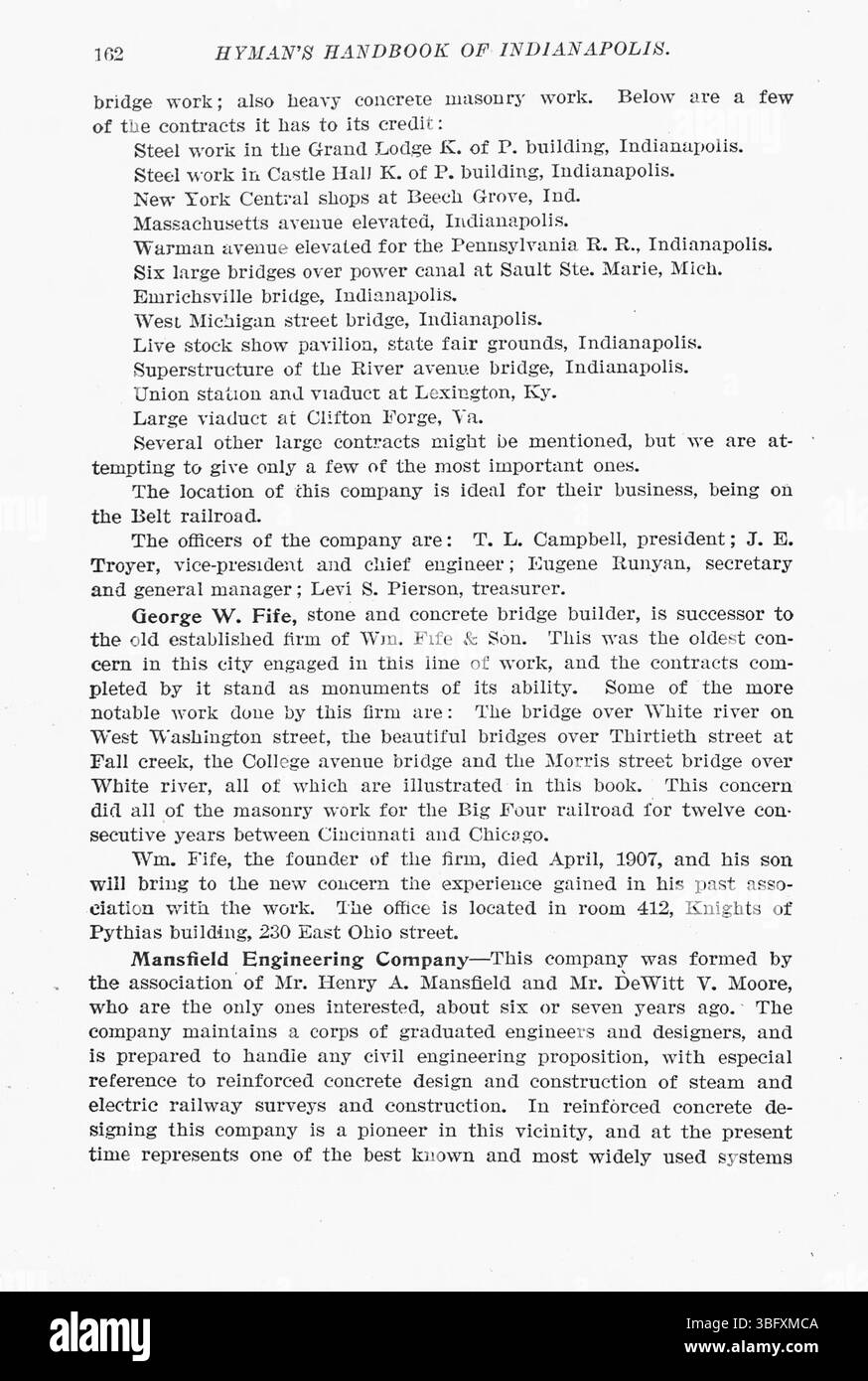 Seite 163 des Hyman's Handbook of Indianapolis von 1907 führt die Geschichte der Stadt fort, ergänzt durch mehr als 300 fotografische Illustrationen. Das Werk wurde von Max R. Hyman bearbeitet und enthält einen Index zur einfachen Navigation. Stockfoto