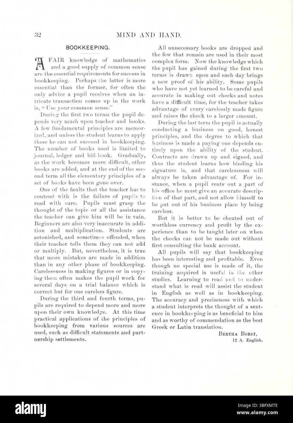 Seite 38 von *Mind and Hand*, Band 4, Nummer 1, vom Mai 1898, stellt zusätzliche Überlegungen zur Integration von körperlicher Arbeit mit intellektueller Bildung im späten 19. Jahrhundert vor. Stockfoto