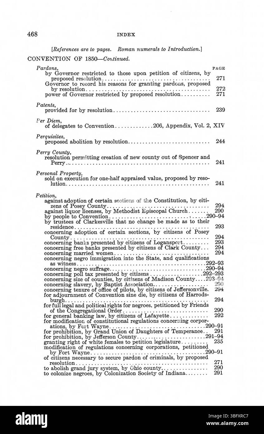Als Teil von „Constitution Making in Indiana“, Band 1 (1971), enthält diese Seite kritische legislative Momente und politische Diskussionen, die Indianas Verfassung geprägt haben, und gibt Einblicke in den historischen Prozess. Stockfoto