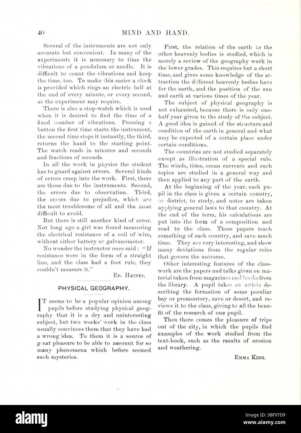 Dieser Abschnitt aus der Mai-Ausgabe 1898 von *Mind and Hand* (Band 4, Nummer 1) enthält eine Diskussion über den erzieherischen Wert der Kombination von manueller Schulung mit intellektueller Entwicklung. Stockfoto