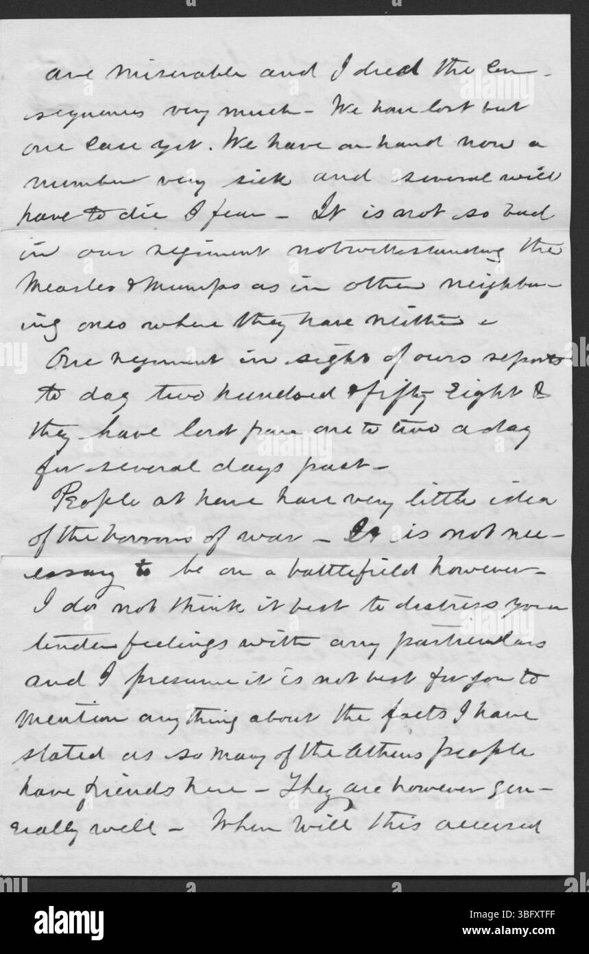 Dieser Brief von William Parker Johnson an Julia Johnson vom 1. Januar 1862 hebt persönliche Emotionen und familiäre Bedenken zu Beginn des Bürgerkriegs hervor und bietet einen Einblick in die Kommunikation zu Beginn des Krieges. Stockfoto