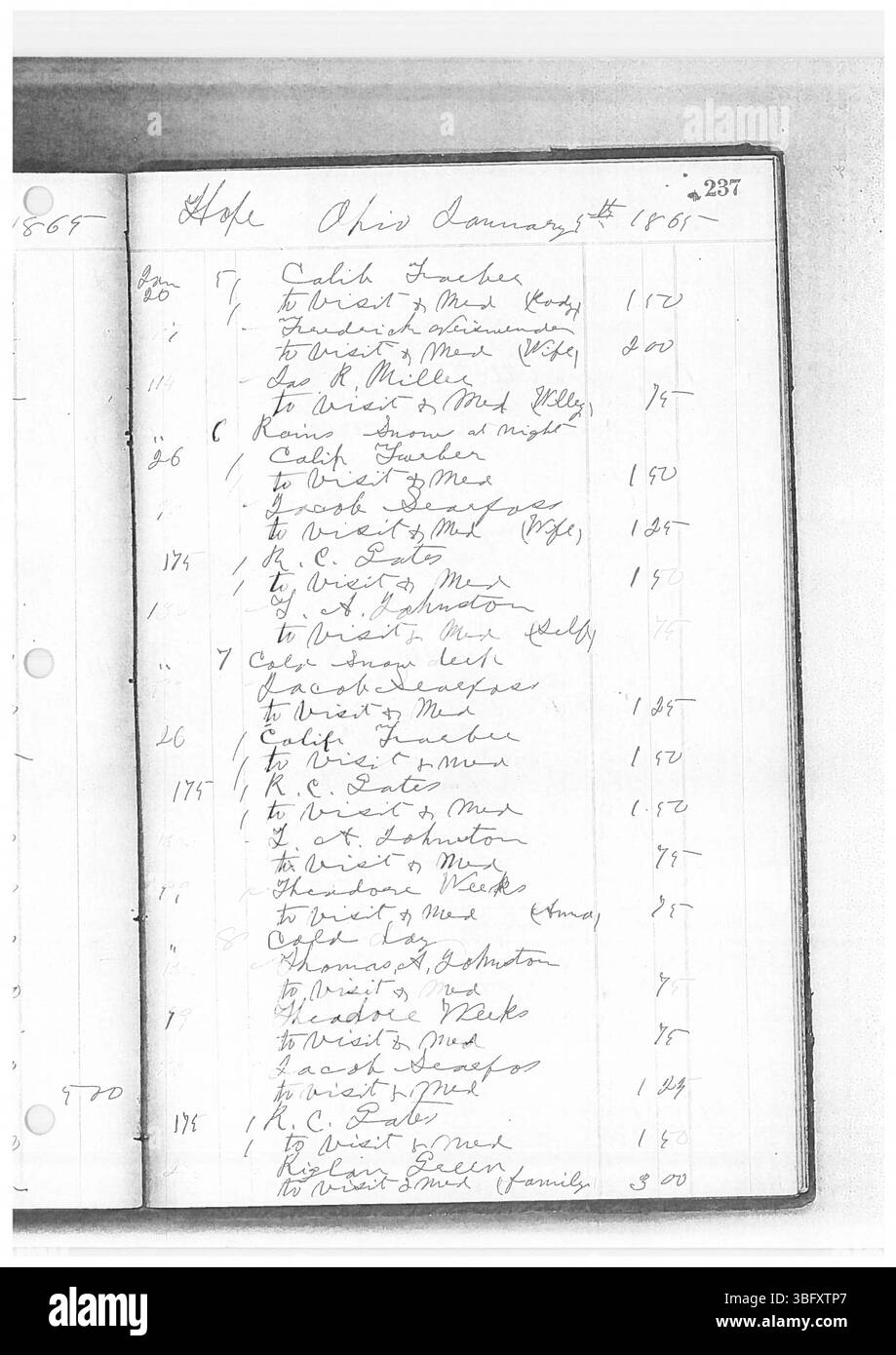 Dies ist ein digitalisierter Eintrag aus dem Tagesbuch von Dr. Sylvester William Ranney, einem Arzt aus Zentral-Ohio, der die Jahre 1862 bis 1865 abdeckt. Das Buch enthält Einzelheiten über seine medizinische Praxis im Franklin County, Ohio, und Umgebung. Ranney, geboren 1830, studierte am Starling Medical College in Columbus. Während des Bürgerkrieges diente er als Arzt, insbesondere in der Kompanie. Stockfoto