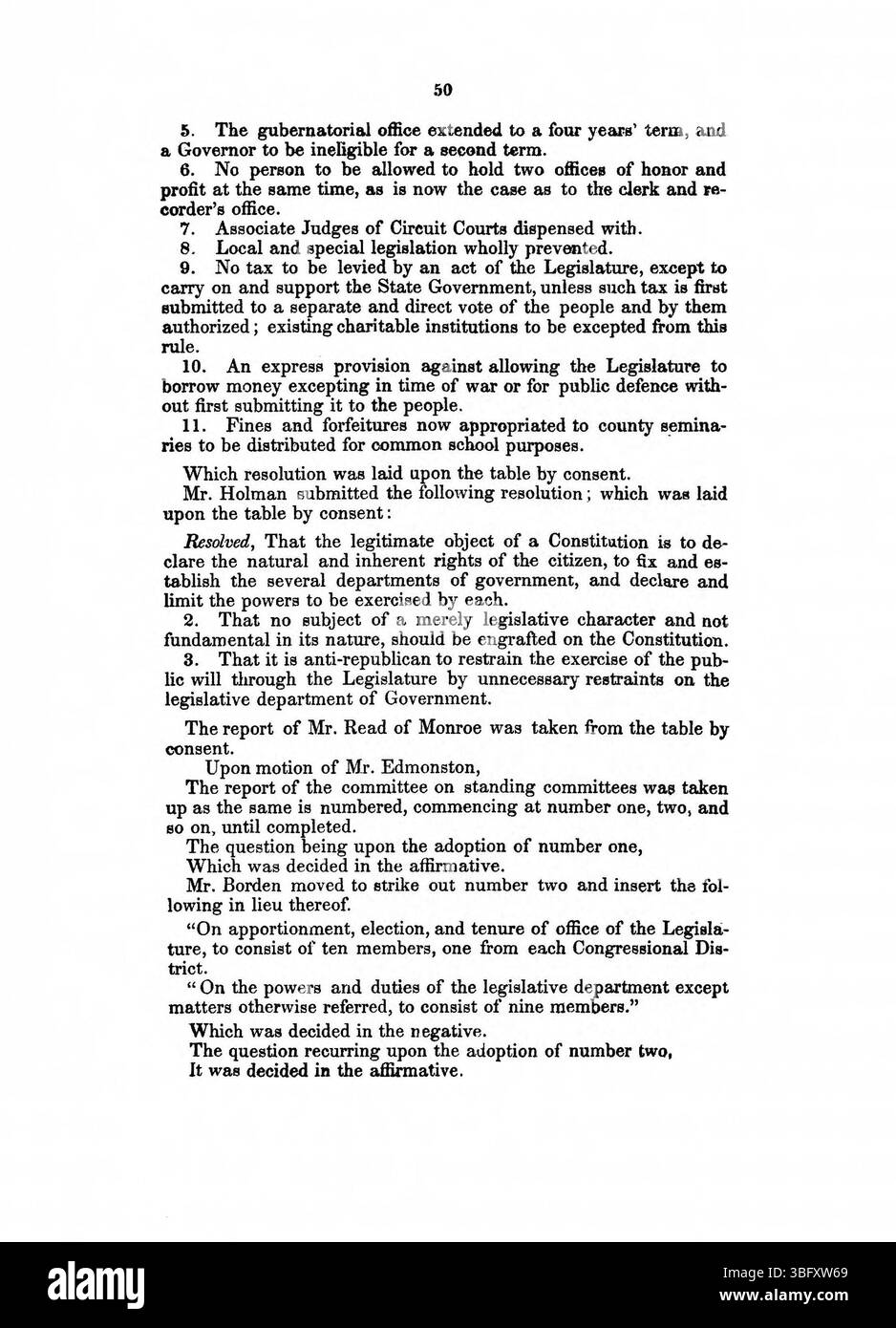 Seite 51 der Zeitschrift von 1850 aus der Convention of the People of Indiana zeigt die Überlegungen und Kompromisse, die zur Fertigstellung der Verfassungsänderungen des Staates getroffen wurden. Stockfoto