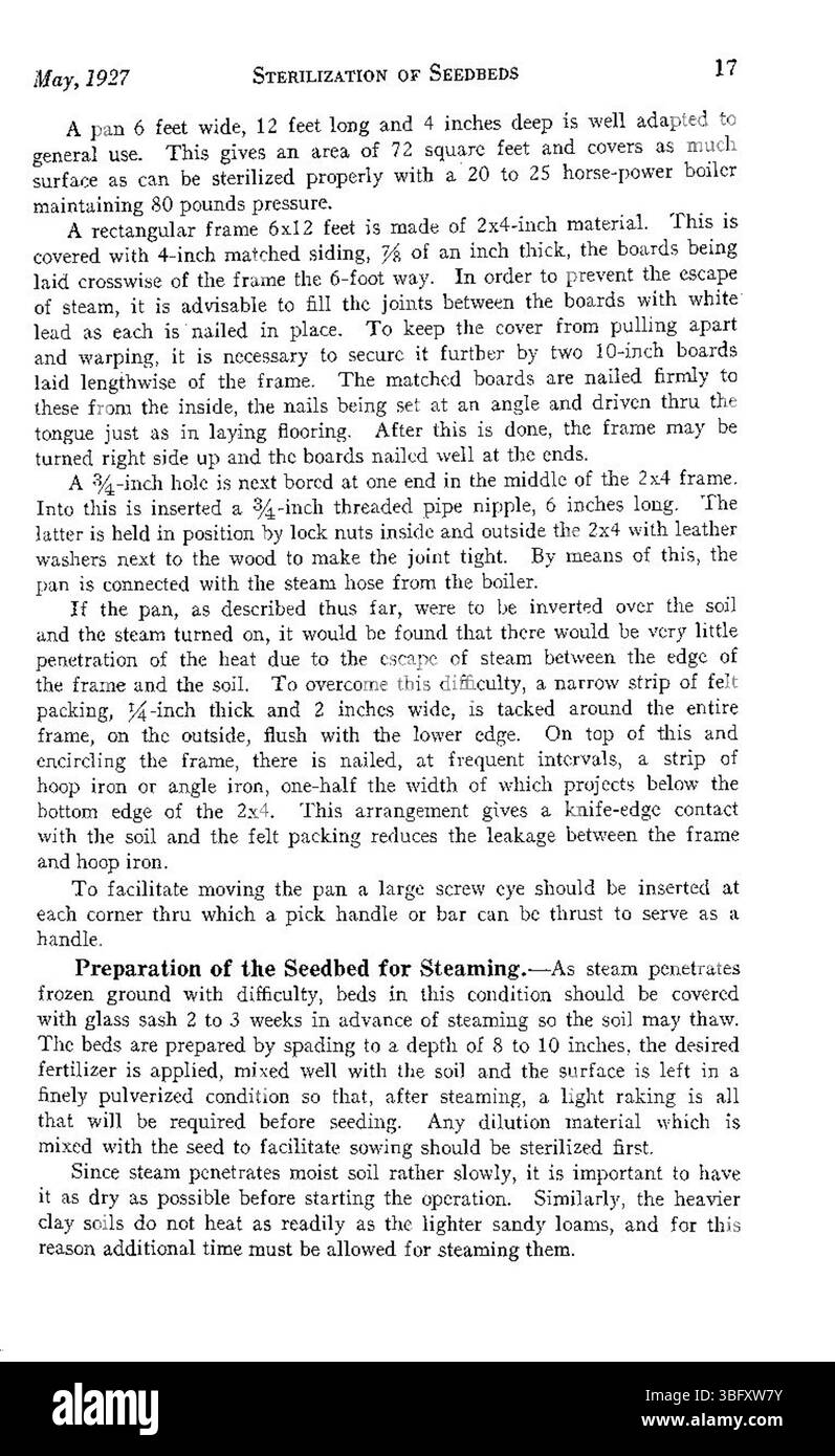 Der vorliegende Bericht von 1927 konzentriert sich auf die Sterilisation von Böden in Saatbeeten und Gewächshäusern und betont die Prävention von Pflanzenkrankheiten und die Förderung eines gesunden Wachstums. Die Publikation enthält Sterilisationsmethoden und bibliographische Referenzen. Stockfoto
