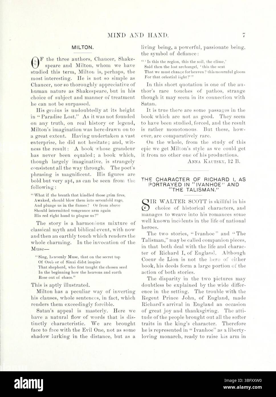 Seite 13 von *Mind and Hand*, Band 4, Nummer 1, Mai 1898, hebt die Bedeutung der Bildung für die Kultivierung sowohl intellektueller als auch manueller Fähigkeiten hervor. Es geht darum, wie diese Kompetenzen zur persönlichen und gesellschaftlichen Entwicklung insgesamt beitragen. Stockfoto