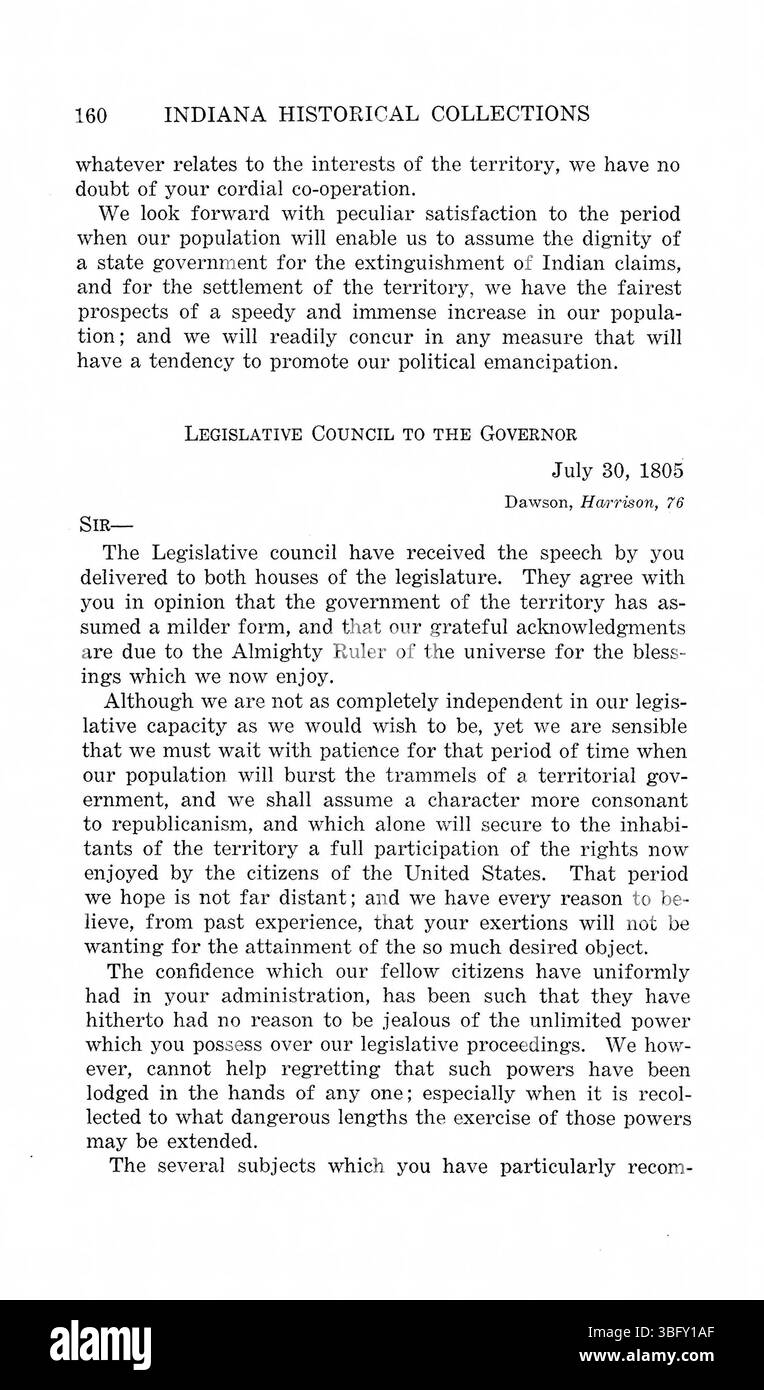 Seite 193 dieser zweibändigen Ausgabe von 1922 enthält Nachrichten und Briefe von William Henry Harrison während seiner Gouvernementschaft von Indiana (1800–1816). Es enthält auch Korrespondenz von Gouverneuren John Gibson und Thomas Posey. Stockfoto