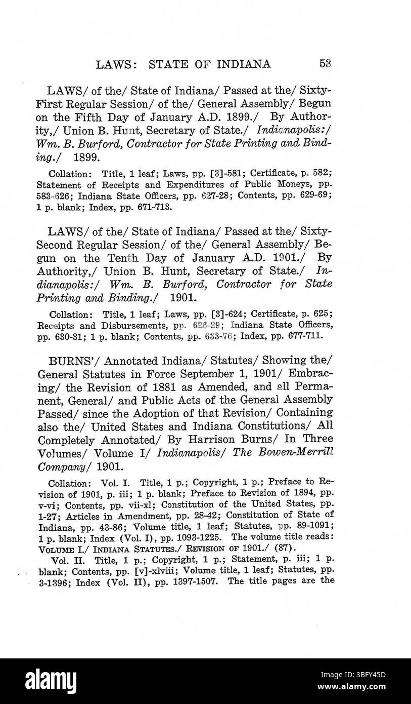 Seite 93 von *1788-1927 Bibliography of the Laws of Indiana* (1928) bietet zusätzliche bibliographische Informationen und juristische Dokumentation zu den Gesetzen des Staates von 1788 bis 1927, was eine tiefere historische und juristische Forschung ermöglicht. Stockfoto