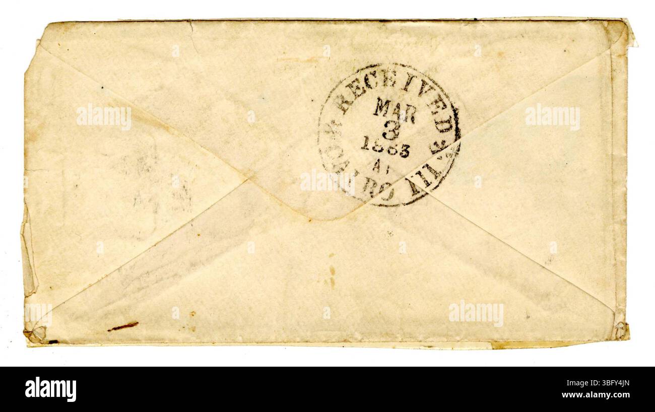 1864 schickte John R. Wilson einen Brief an seine Frau, in dem er seine Erfahrungen in Camp Dennison, Ohio, schilderte. Er erwähnt, dass er ein Gebetstreffen organisiert und kranke Soldaten betreut. Wilson diente im 78. Regiment der Ohio Volunteer Infanterie und starb 1863. Der Brief enthält einen Briefumschlag vom 3. März 1863 und einen Militärpass vom 17. Mai 1864, der George O. Brastow die Erlaubnis zur Reise nach Fredericksburg, Virginia, einräumt. Stockfoto