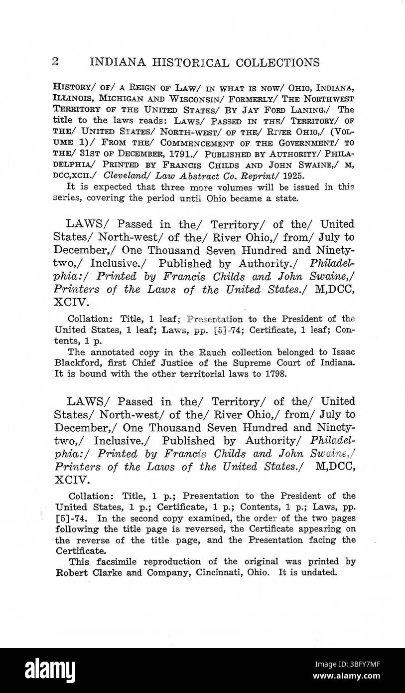 Seite 42 der 1788-1927 erschienenen Bibliographie der Gesetze von Indiana, die die Gesetze von Indiana von 1788 bis 1927 mit historischen Referenzen beschreibt. Stockfoto