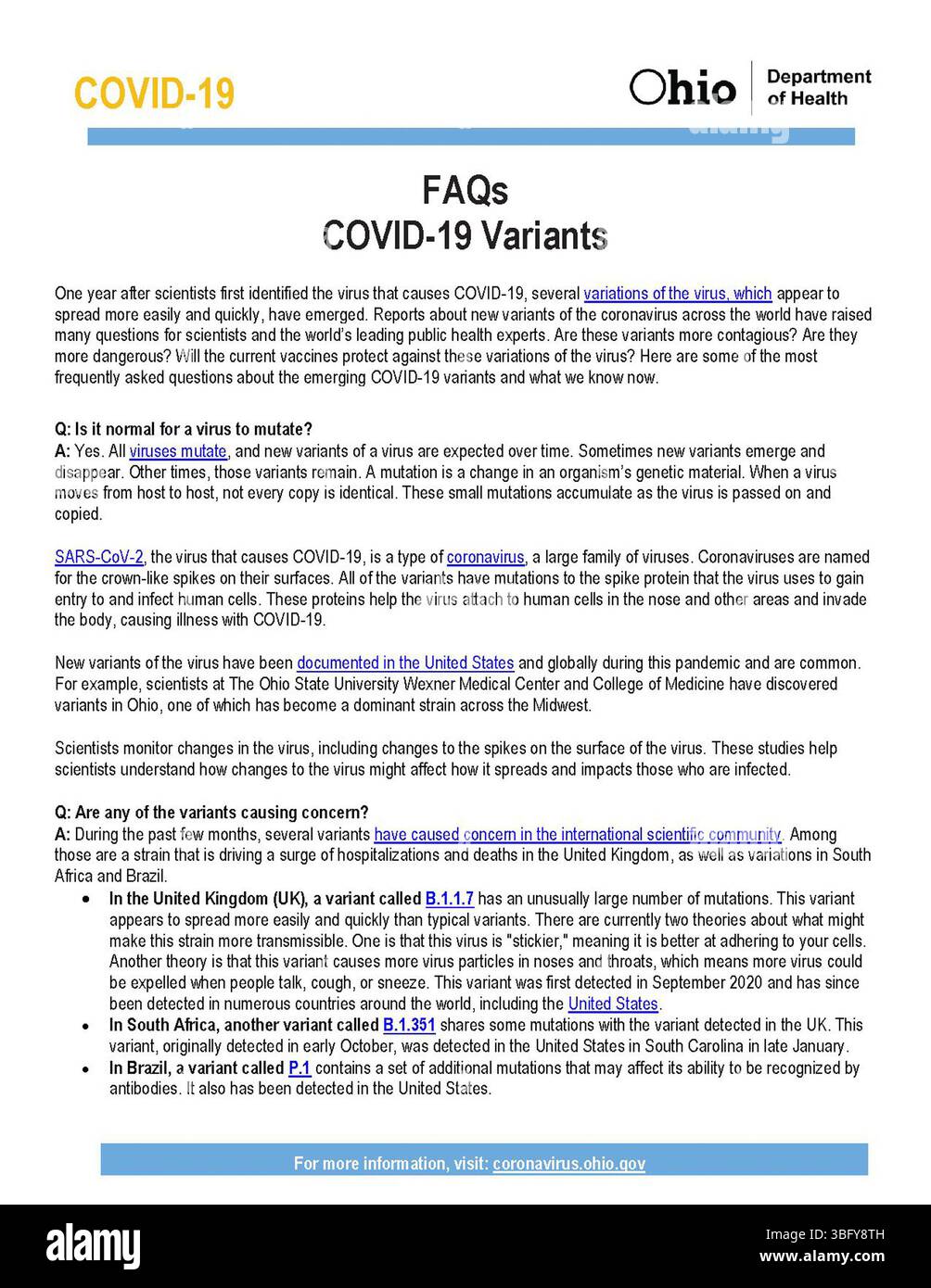 Dieses am 1. Februar 2021 erstellte FAQ-Dokument enthält detaillierte Informationen zu COVID-19-Varianten. Sie beantwortet häufig gestellte Fragen zu den Arten von Varianten, ihrer Verbreitung und den Auswirkungen auf die öffentliche Gesundheit und Sicherheit. Stockfoto