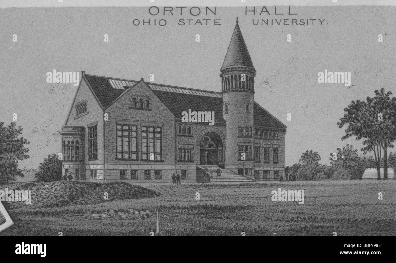 Orton Hall, 1893 fertiggestellt, war ursprünglich Geology Building und wurde in Edward Orton Sr. Umbenannt, dem ersten Präsidenten und Geologieprofessor an der Ohio State University. Er zeigt 40 Arten von Ohio-Steinen in geologischer Reihenfolge und weist fossilenreiche Kalksteine und roten Sandstein auf. Stockfoto