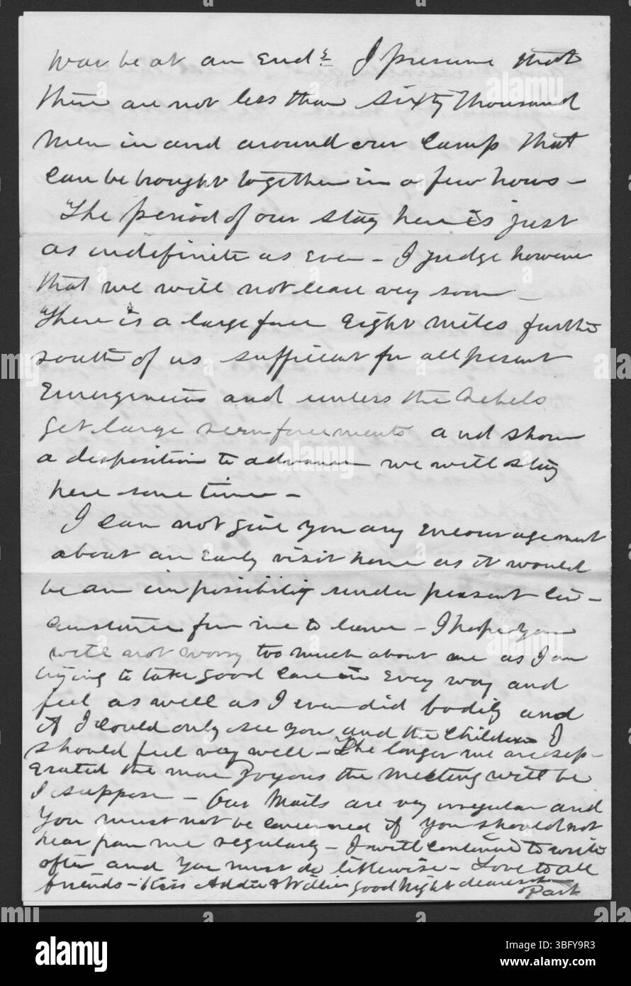 Ein Brief von William Parker Johnson an Julia Johnson am 1. Januar 1862, in dem er eine persönliche Perspektive auf die frühen Phasen des Bürgerkriegs bietet und emotionale Herausforderungen und familiäre Bedenken aufdeckt. Stockfoto