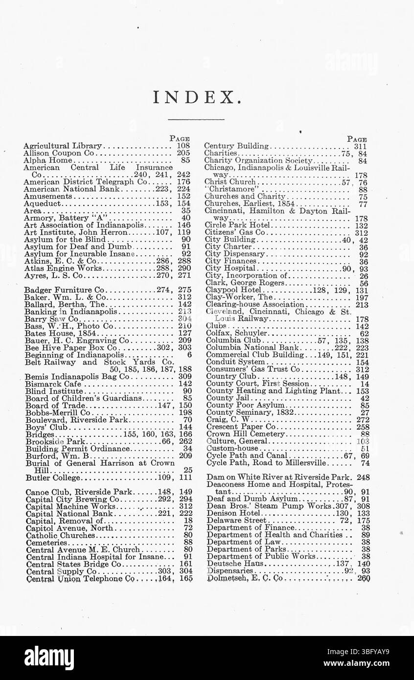 Diese Seite aus Hymans 1907 Handbuch von Indianapolis bietet eine detaillierte Beschreibung der Stadt Indianapolis, einschließlich einer umfassenden Geschichte und mehr als 300 fotografischen Illustrationen. Herausgegeben von Max R. Hyman, ist es eine wichtige Ressource für das Verständnis der Hauptstadt von Indiana im frühen 20. Jahrhundert. Stockfoto