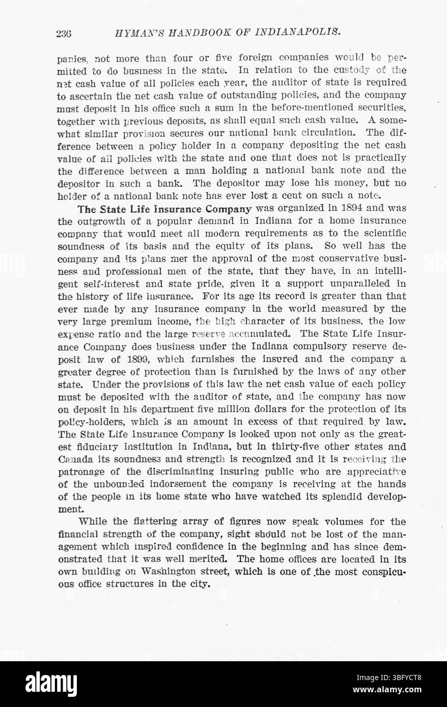 Seite 237 des Hyman's Handbook of Indianapolis von 1907 beschreibt die Hauptstadt von Indiana mit über 300 Illustrationen von eigens für das Werk gefertigten Fotografien. Max R. Hyman diente als Redakteur, und der Band enthält einen Index zur einfachen Referenz. Stockfoto