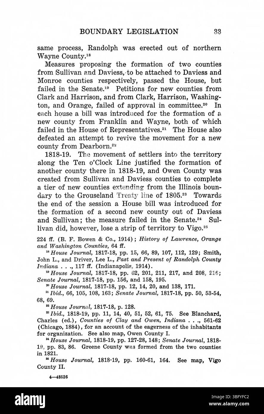 Seite 49 von *Indiana Boundaries* bietet einen Einblick in die rechtlichen und geografischen Aspekte der Grenzgeschichte Indianas und bietet Referenzen und einen Index für eingehende Recherchen. Stockfoto