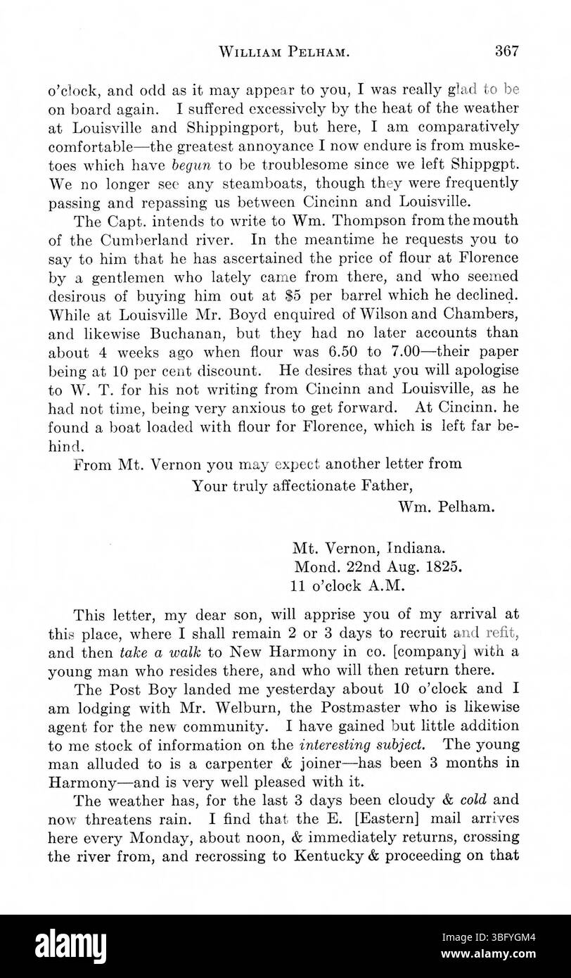 Dieses Segment des Bandes von 1916 enthält Berichte von frühen Entdeckern wie Hutchins und Imlay, die Indianas Land, Klima und Siedlung beschreiben. Die Reiseschriften aus dem späten 18. Und frühen 19. Jahrhundert sind eine wichtige Quelle für das Verständnis der Geographie der Region und ihrer Rolle bei der amerikanischen Expansion nach Westen. Stockfoto