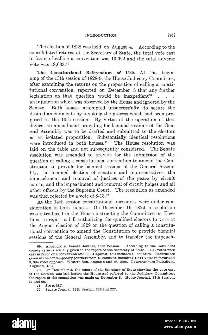 In diesem Abschnitt des Bandes von 1971 werden die Debatten unter den Delegierten während Indianas Verfassungsprozess untersucht. Es gibt Einblicke in die ideologischen und politischen Trennungen, die das Gründungsdokument des Staates beeinflussten. Stockfoto
