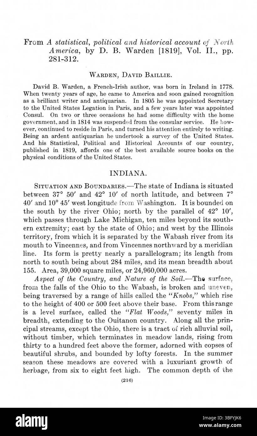 Die 1916 erschienene Ausgabe von „Indiana as Seen by Early Travelers“ enthält eine breite Palette von Texten, darunter George Imlays Bericht über das Western Territory von 1793, John Melishs Reisen in den USA von 1806 bis 1811 und Samuel Browns „Western Gazetteer“ von 1817. Diese Arbeiten geben detaillierte Einblicke in die Topographie und Besiedlung des frühen Indiana. Stockfoto