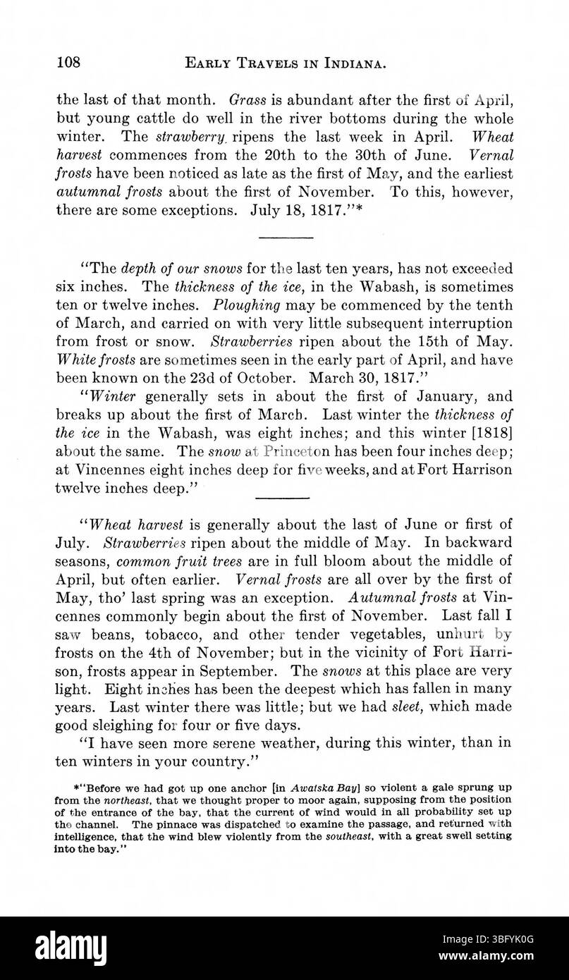Band aus dem frühen 20. Jahrhundert mit Reiseberichten und Umweltbeobachtungen von Indiana und Umgebung von 1778 bis 1817 von amerikanischen und europäischen Reisenden. Stockfoto