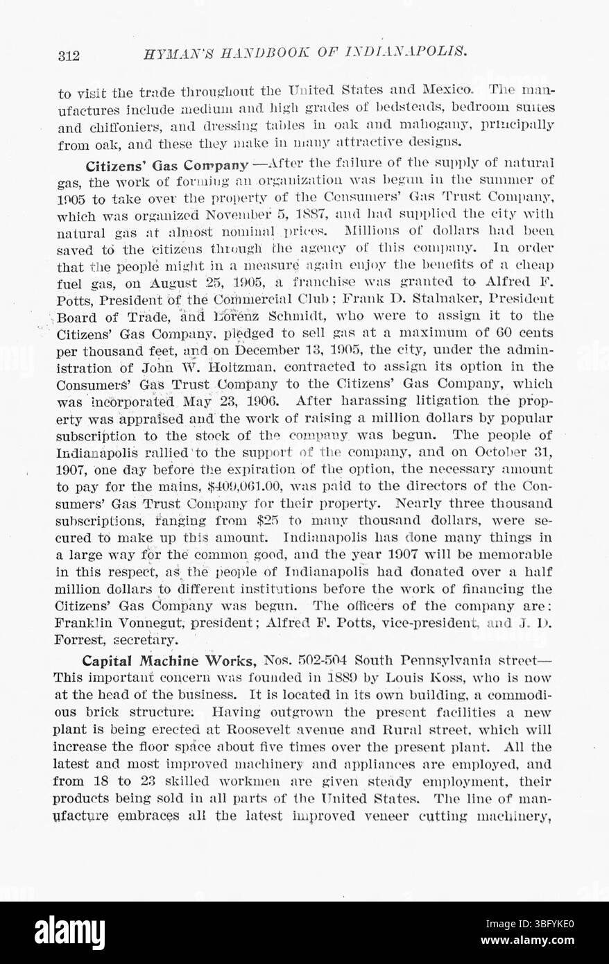 Diese Seite aus *Hyman's Handbook of Indianapolis* (1907) bietet mehr über die Entwicklung der Stadt und beschreibt urbane Veränderungen und architektonische Entwürfe, die Indianapolis in den frühen 1900er Jahren charakterisierten Stockfoto
