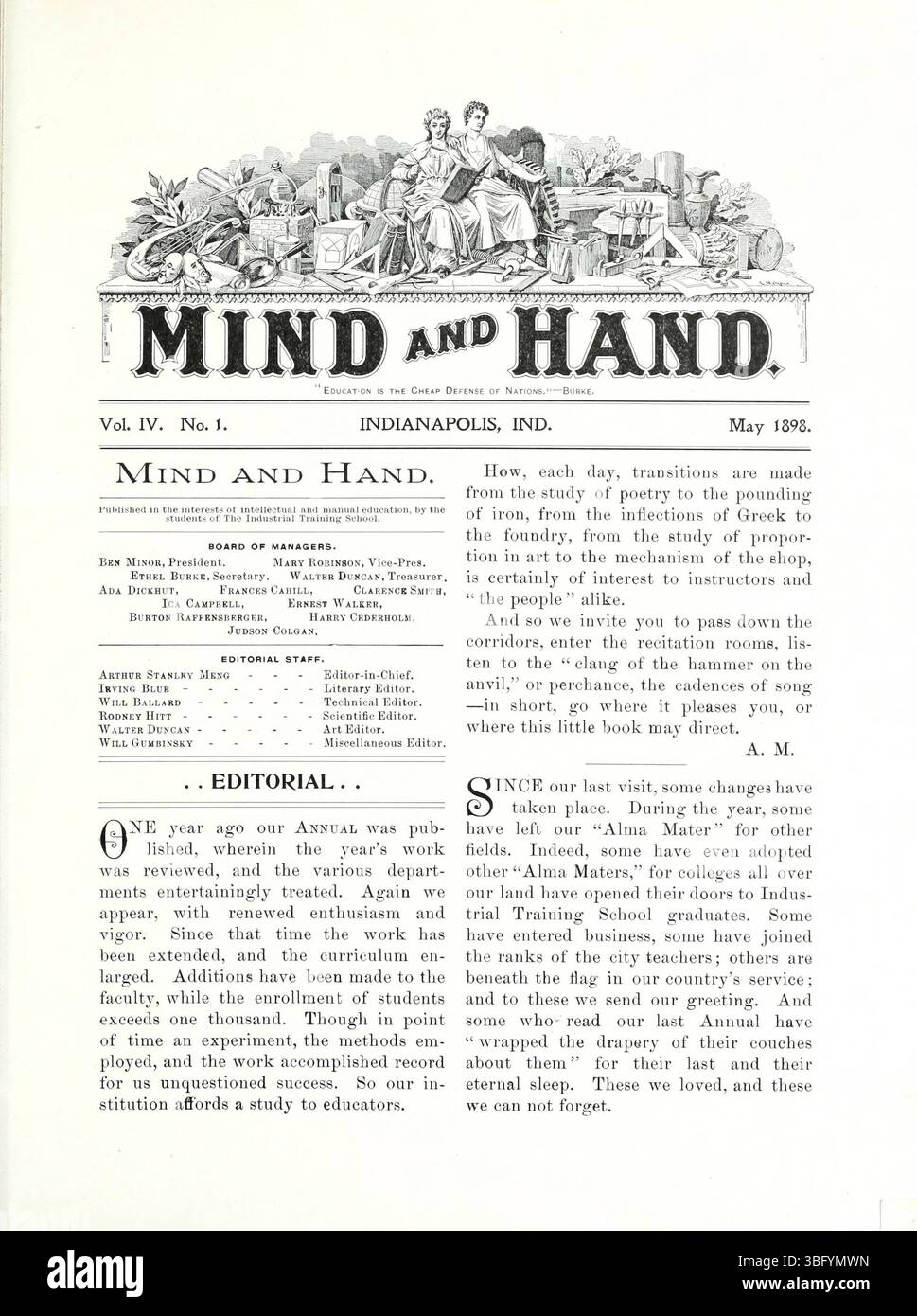 Seite 7 von *Mind and Hand*, Mai 1898, Band 4, Nummer 1, befasst sich mit der Schnittmenge von mentalen und physischen Fähigkeiten in der menschlichen Entwicklung. Er hebt hervor, wie wichtig die Bildung für die Verbesserung der kognitiven und manuellen Fähigkeiten in diesem Zeitraum ist. Stockfoto