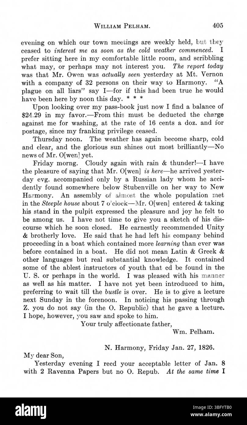 In „Indiana as seen by Early Travelers“ (1916) befasst sich Seite 409 mit Reiseschriften von Persönlichkeiten wie David Thomas und anderen. Der Text enthält Details über den Westen der Vereinigten Staaten, einschließlich der Geographie, Ressourcen und Herausforderungen, denen sich die frühen Entdecker gegenübersehen. Stockfoto