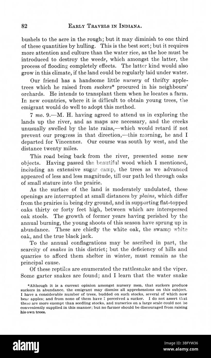 Dieser 1916 veröffentlichte Band enthält Reiseberichte von Entdeckern wie Hutchins, Imlay und Thomas, die Indianas Topographie, Klima und Entwicklungspotenzial vom späten 18. Jahrhundert bis zum frühen 19. Jahrhundert beschreiben. Diese Konten bieten wichtige Einblicke in die frühen Ansichten über die ökologische und landwirtschaftliche Eignung der Region. Stockfoto