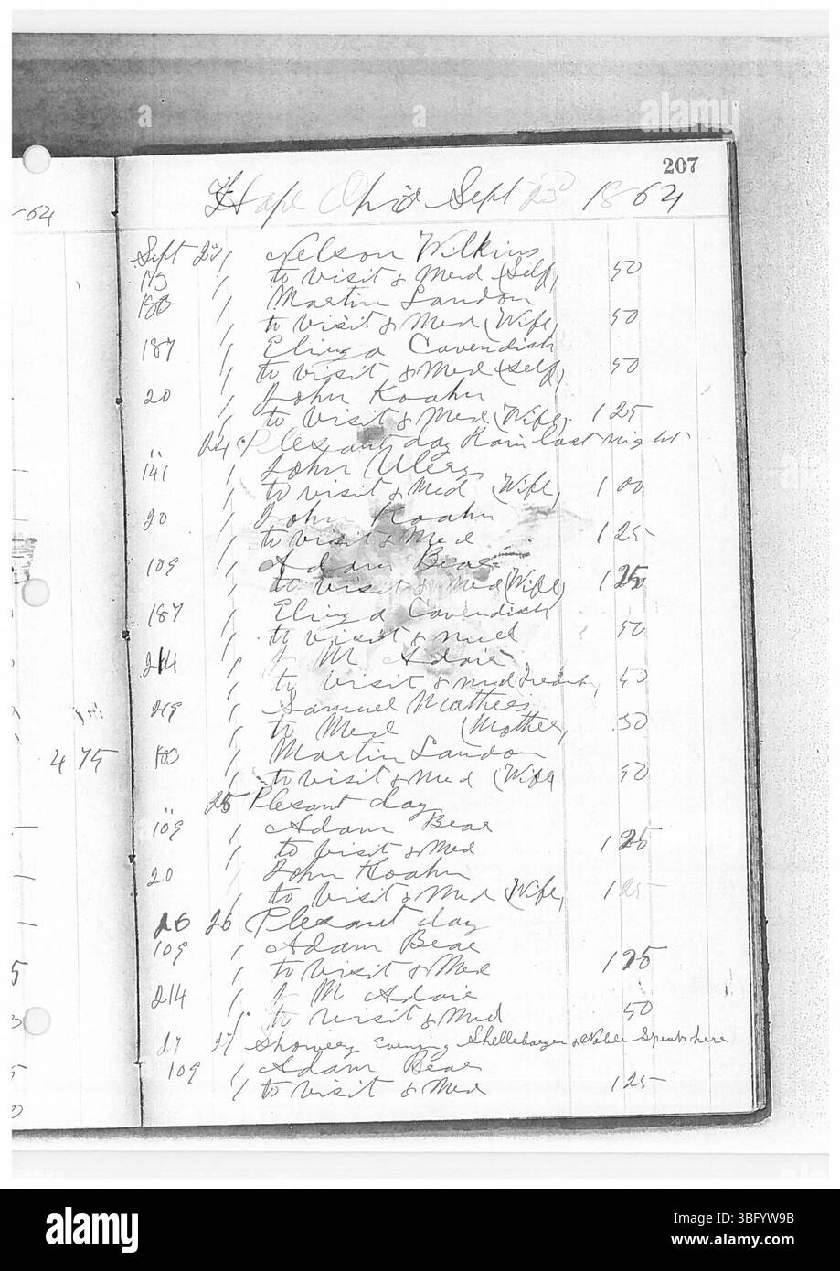 Dieses Tagebuch wurde von Dr. Sylvester William Ranney geführt, einem Arzt aus Zentral-Ohio aus dem 19. Jahrhundert. Von 1862 bis 1865 dokumentiert es seine medizinische Praxis in New Albany und Umgebung. Das Journal enthält Patientendaten, Bestrahlungen und Termine. Dr. Ranney, geboren 1830, besuchte das Starling Medical College und arbeitete als Arzt im Northeast Franklin County, im Südosten des Delaware County und im Northwest Licking County. Stockfoto