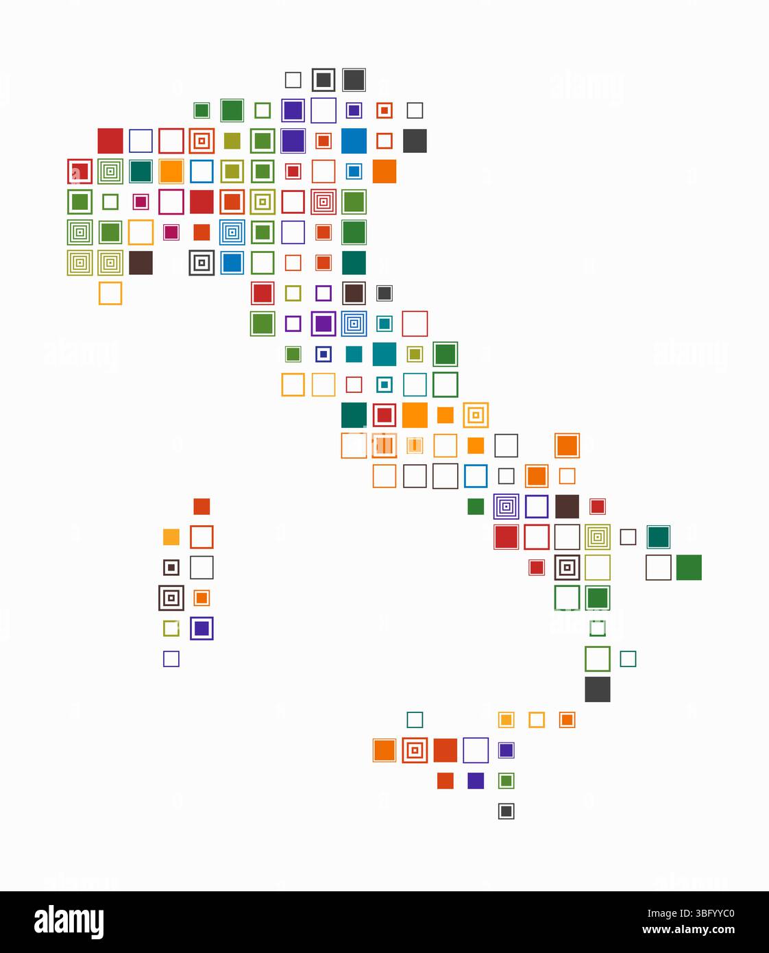 Italien, die Form des Landes, gebaut aus farbigen Zellen. Digitale Karte von Italien auf weißem Hintergrund. Große quadratische Blöcke. Stock Vektor