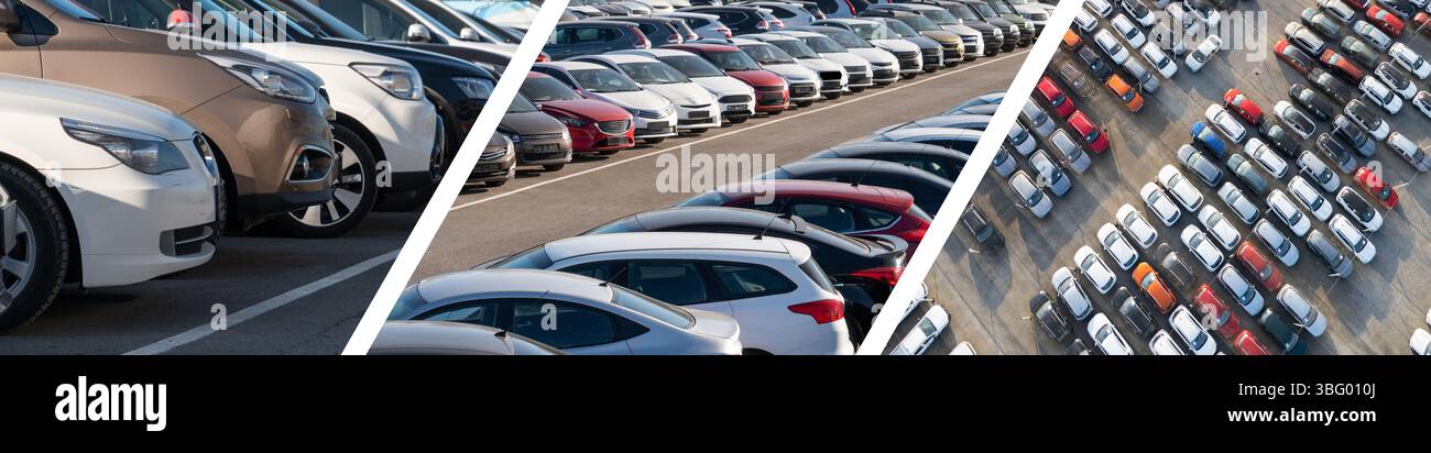 Ein paar Bilder mit vielen Autos. Verkaufsbanner für Fahrzeuge. Stockfoto