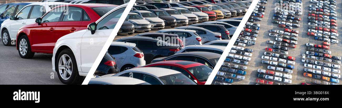 Ein paar Bilder mit vielen Autos. Verkaufsbanner für Fahrzeuge. Stockfoto