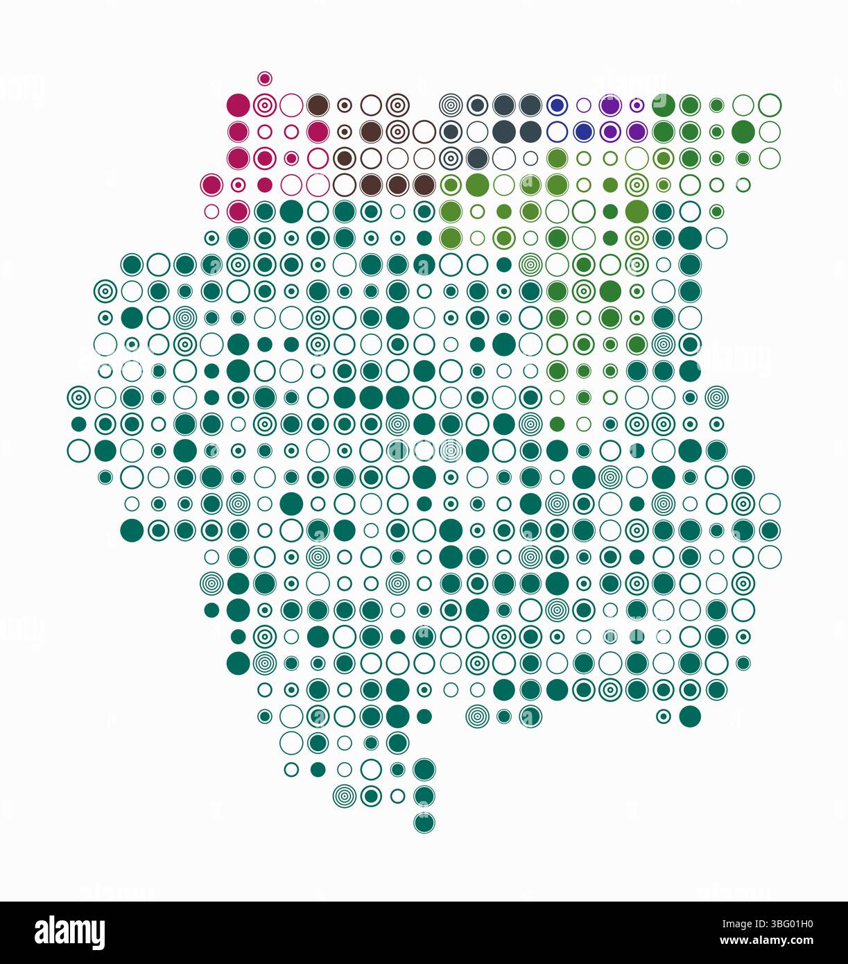 Suriname, die Form des Landes, gebaut aus farbigen Zellen. Digitale Karte von Suriname auf weißem Hintergrund. Große Kreisblöcke. Stock Vektor