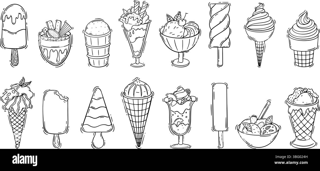 Handgezeichnetes Eis. Süße cremige Kugeln in Waffelkegeln und Glas. Kalte Desserts mit Nüssen, Schokolade und Früchten. Neoterische Menüelemente der Cafeteria Stock Vektor