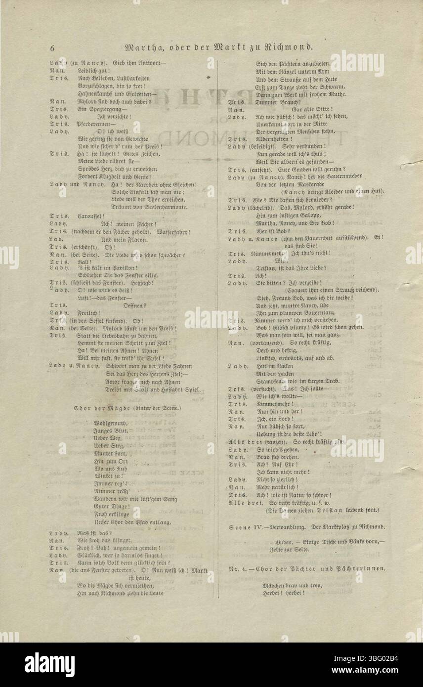 Seite 6 des Maennerchor-Librettos von 1884 für *Martha oder die Richmond Fair*, eine große Oper von Friedrich von Flotow. Die Erzählung der Oper konzentriert sich auf romantische Verstrickungen und humorvolle Situationen, die sich aus einer falschen Identität ergeben und im Kontext einer englischen Messe inszeniert werden. Stockfoto