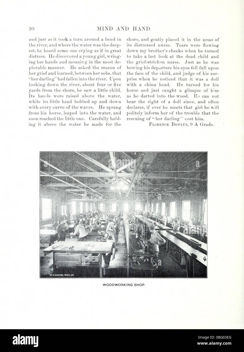 Die Seite von „Mind and Hand“ (Band 4, Nummer 1) vom Mai 1898 befasst sich mit Themen des intellektuellen Wachstums, der wissenschaftlichen Forschung und des Bildungsfortschritts im späten 19. Jahrhundert. Stockfoto
